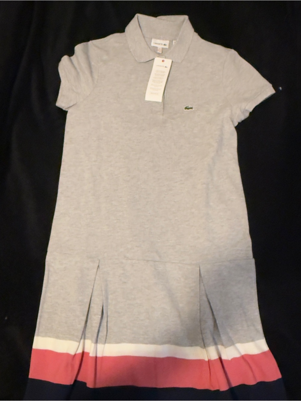 Lacoste Light Gray Polo Dress with Pink & Navy Hem Stripes